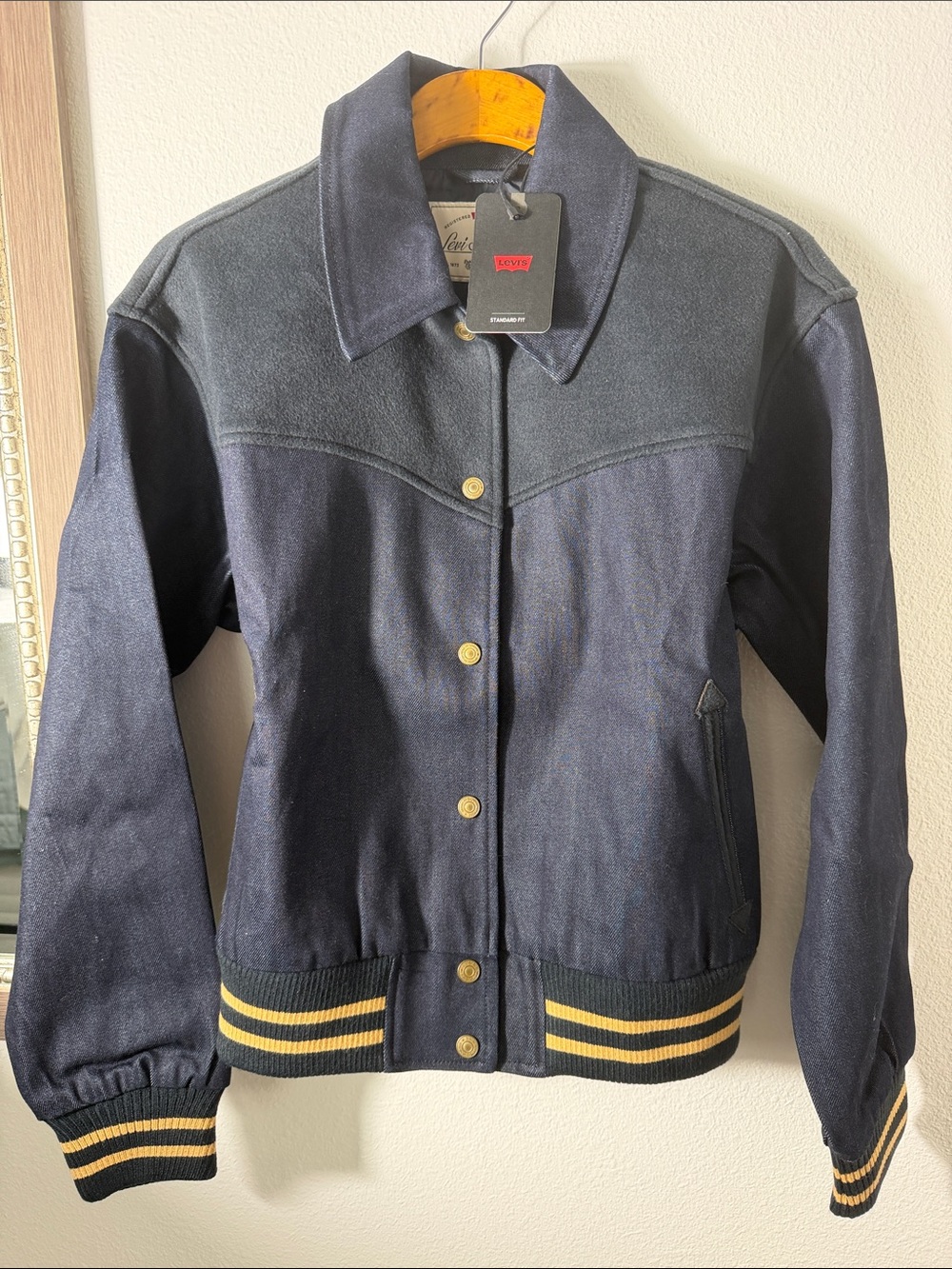 Levi's Denim Varsity Jacket with Gold Stripe Accents